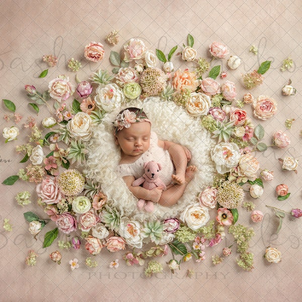 Digital backdrop background newborn   girl  floral  flowers cream fur blanket overhead pink peach wreath