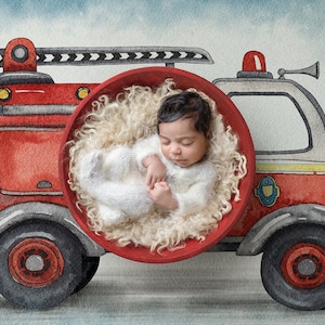 Digital backdrop background newborn baby  girl or boy firefighter overhead white curls  wooden bowl first responder firetruck truck