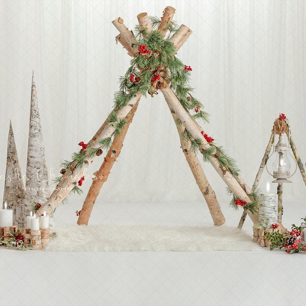digital backdrop Family Christmas   baby toddler white tent red sitter phone birch tree candles light  teepee fur