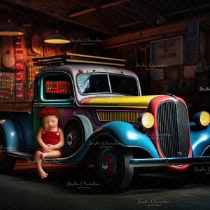 Digital backgrounds backdrops boy girl vintage rainbow , colorful car old auto mechanic garage  Ai generated  edited