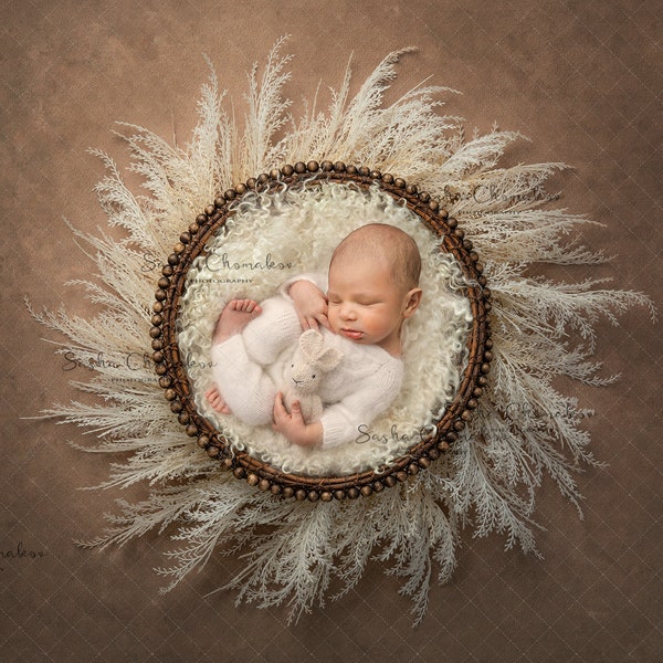 Digital backdrop, background newborn baby girl or boy overhead look white  boho , brown  overhead fur white pampas grass wreath