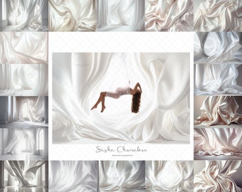 May include: A collection of studio photography images featuring flowing white and cream-colored fabric. The images showcase the fabric draped and sculpted in various forms, with a woman suspended in the center. The photographer's name, Sasha Chomakov, is visible.