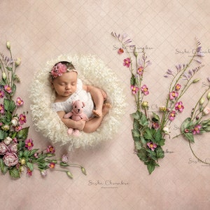 Digital backdrop background newborn   girl  floral  flowers cream fur blanket overhead pink peach love purple