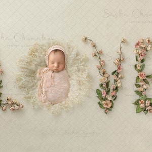 May include: A newborn baby girl is sleeping in a white, fluffy nest. The baby is wearing a pink crocheted hat and a pink crocheted wrap. The baby is surrounded by pink flowers that spell out the word "LOVE".