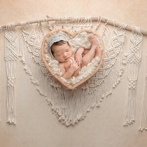 Digital backdrop, background newborn baby girl white overhead boho dreamcatcher macrame wall hanging Valentines day v-day