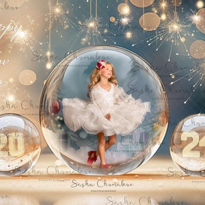 Digital backdrop background newborn  boy or girl Christmas  family , sitters  globe  globe  hanging ornament  Happy New Year 2024