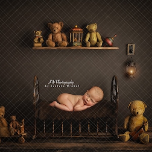 Digital backdrop, background newborn baby girl or boy brown bear teddy bears shelf dark vintage bed dark brown