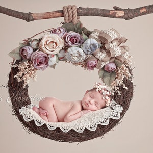 Digital backdrop  background newborn baby girl flowers  fairy tail  hanging basket