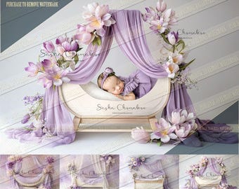 4 different Digital backgrounds backdrops newborn baby boy girls bum up Ai generated bed with flowers   wreath  white purple pink 