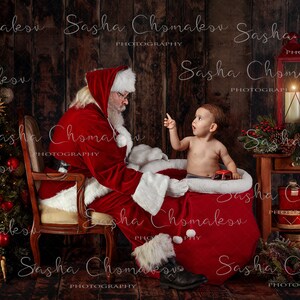 Digital backdrop background newborn baby boy or girl  sitter Christmas dark red Santa holding his bag