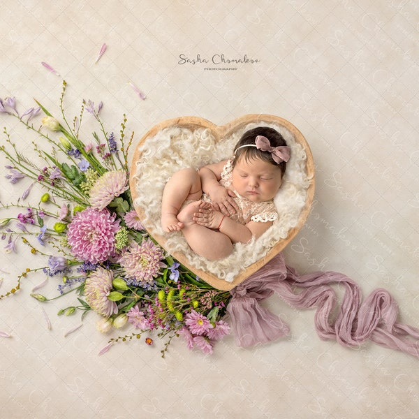 Digital backdrop background newborn girl  floral  flowers cream fur blanket overhead pink peach purple Fall  fresh silk bow heart Valentines