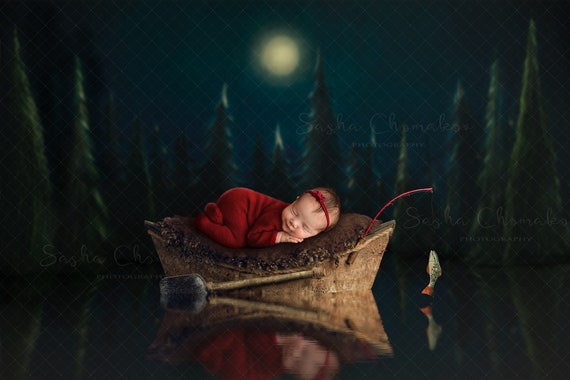 Digital Backdrop Background Newborn Girl or Boy Browns Boat Fishing Moon.  Night Water Reflection Nautical -  Canada