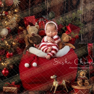 Digital backdrop background sitter   boy or girl Christmas  under the  tree baby in Santa bag gift