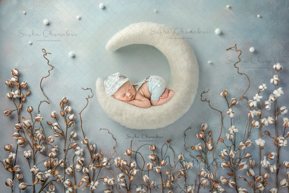 Sfondo digitale neonato o ragazzo bianco cotton fioc luna bianca