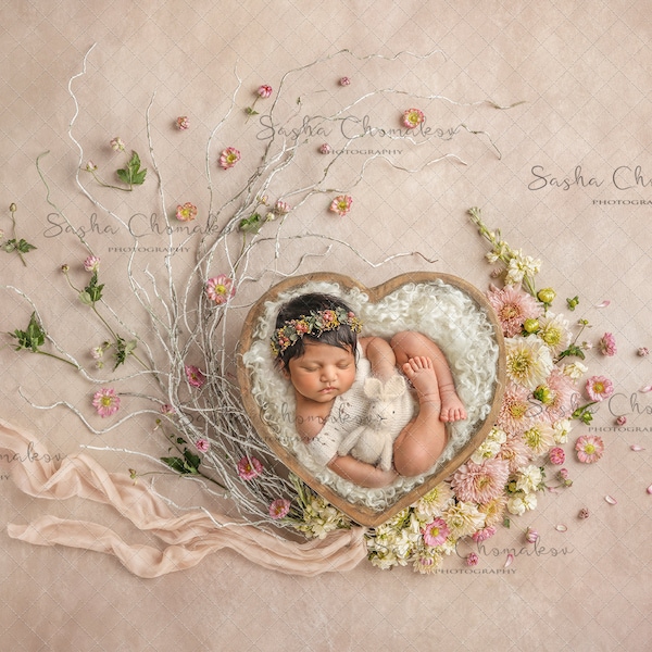 Digital backdrop background newborn baby girl flowers white curls cream  overhead Fall Autumn  wreath heart v-day Valentines pink peach