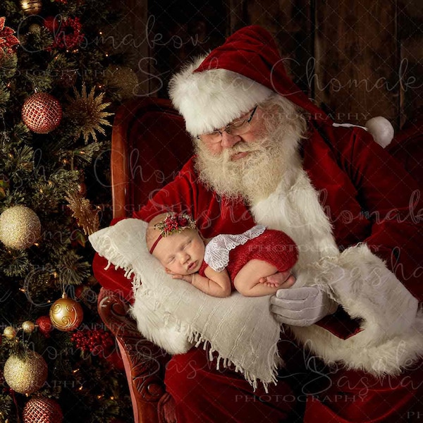 Digital backdrop background newborn  boy or girl Santa holding a baby dark  on cream white blanket