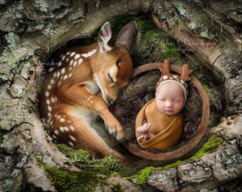 May include: A newborn baby wearing a brown deer antler headband is sleeping in a brown woven basket. A fawn with white spots is sleeping next to the basket. The basket and fawn are nestled in a tree trunk with green moss.
