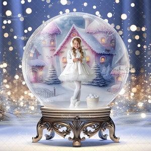 May include: A snow globe featuring a winter village scene. A young girl in a white dress is standing inside the globe, holding a snowball. The snow globe is on a gold stand with ornate details. The background is a blue and white winter scene with twinkling lights.