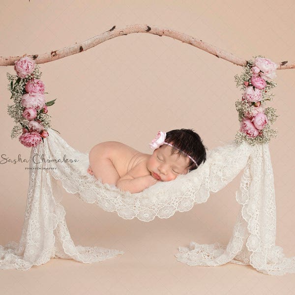 Digital backdrop, background newborn baby girl flower swing vintage lace  pink flowers fur cream off white