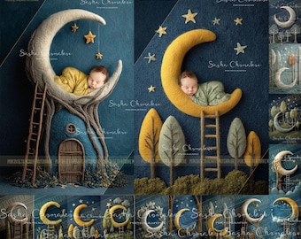 12  Digital backgrounds backdrops newborn baby boys girls bum up felted  Fall moon   Ai generated