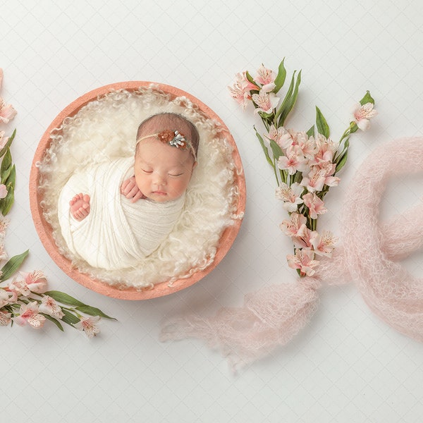 Digital backdrop background newborn baby  girl  love flowers overhead white pink fur  wooden bowl