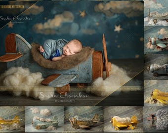 10  Digital backgrounds backdrops newborn baby boys girls  bum up pose plane pilot   Ai generated vintage