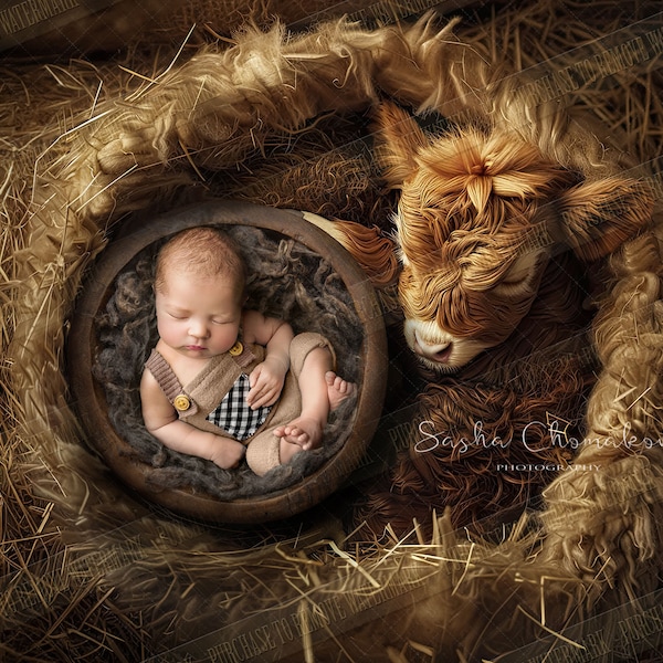 Digital backgrounds backdrops newborn girl boy overhead real bowl wool on Ai generated farm animals baby highland cow  barn baby cowboy