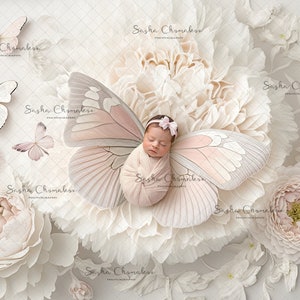 Digital backdrop, background newborn baby girl white pink butterfly  with flowers overhead created in Ai