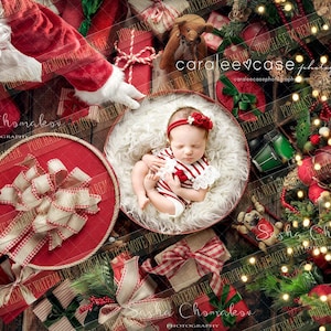Digital backdrop background made with real props newborn baby girl boy  Christmas  overhead look gifts gift boxes under the tree Santa