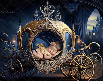 Fondo digital, telón de fondo, carruaje de Cenicienta de niña recién nacida