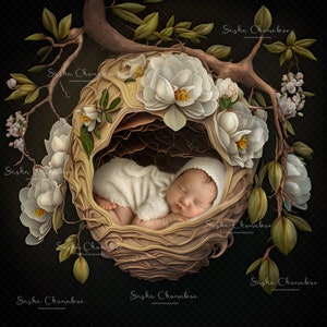 May include: A newborn baby sleeping peacefully in a nest made of twigs and white magnolia blossoms. The nest is hanging from a tree branch with more magnolia blossoms.