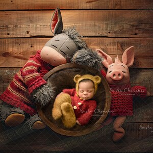 Puede incluir: Un bebé recién nacido con un atuendo de punto amarillo y rojo está durmiendo en una cesta de mimbre marrón. Un burro gris y un cerdo rosa de peluche están a cada lado de la cesta.