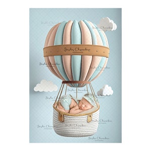 Digital backdrop, background newborn baby girl or boy hot air balloon white blue and brown moon