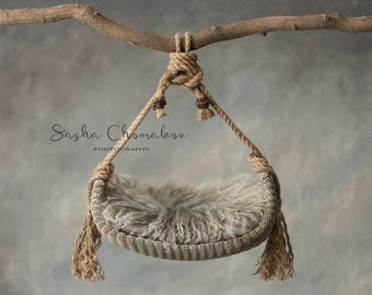 Digital backdrop, background newborn baby girl  or boy, hanging swing tree branch fur gray cream blanket