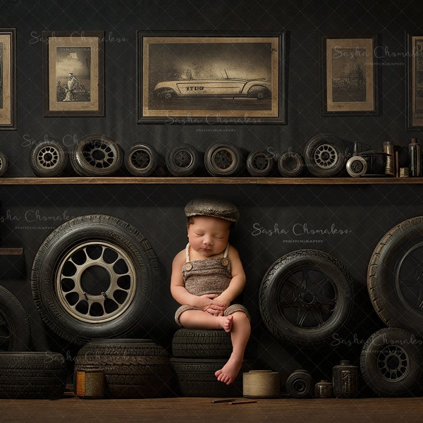 Digital backgrounds backdrops boy girl vintage tires , memorabilia, old pictures  shelf with auto mechanic car stuff garage