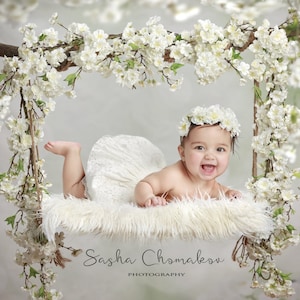 digitale backkdrop achtergrond pasgeboren Todler 6 maanden oude baby meisje witte bloemen Swing