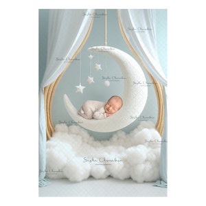 Ai generated Digital backdrop, background newborn baby girl or boy moon swing white , blues  and brown boho