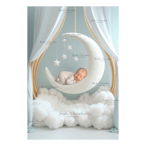 Ai generated Digital backdrop, background newborn baby girl or boy moon swing white , blues  and brown boho