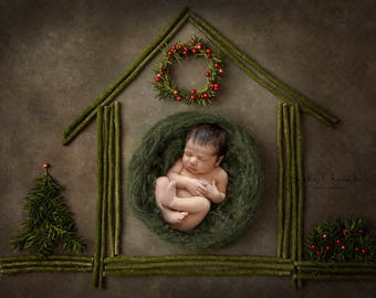 Digital backdrop, background newborn baby girl or boy house green heat  Christmas