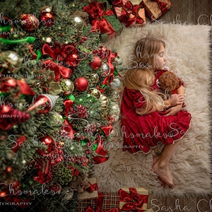 Digital backdrop, background baby older children  , sitter l or boy white  fur blanket Christmas tree  overhead look under the tree gifts