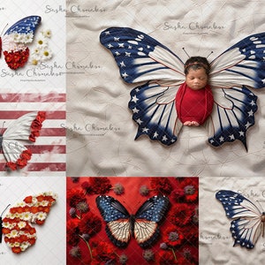 Digital backdrop, backgrounds newborn baby Independence day patriotic butterflies set 3 USA 4th of July   Ai generated