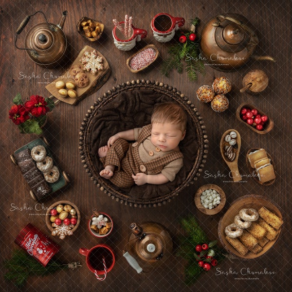 Digital backdrop background newborn  girl or boy dark brown  overhead dark brown Christmas kitchen , cocoa bar hot chocolate gingerbread
