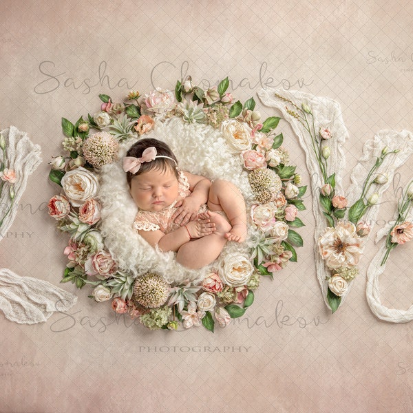 Digital backdrop background newborn   girl  floral  flowers cream fur blanket overhead pink peach love v-day Valentine's