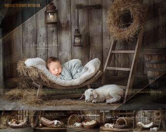 5 different Digital backgrounds backdrops newborn baby boy girls bum up Ai generated goats, farm cowboy cowgirl barn