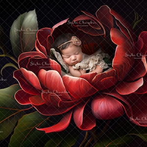 Digital backdrop, background newborn baby  girl , hand painted red magnolia  , Valentine red floral flowers Spring Summer
