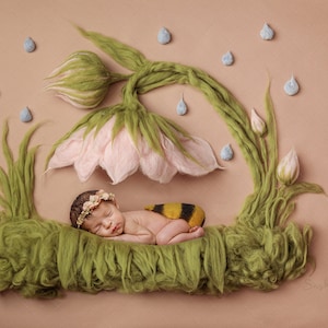 Digital backdrop, background newborn baby girl  rain forest flower felted pink tulip green brown
