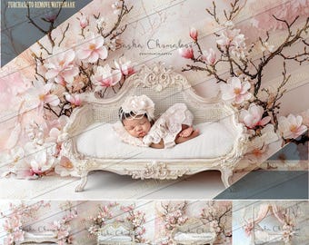 4 different Digital backgrounds backdrops newborn baby boy girls bum up Ai generated beds with flowers   wreath magnolia white pink