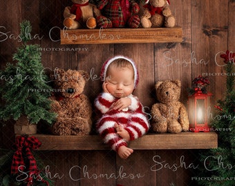Digital backdrop background newborn baby boy or girl   brown baby on the shelf Christmas wooden dark elf