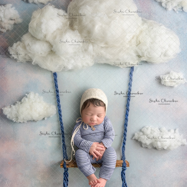 Digital backdrop background newborn  or boy girl  white blue light  hot air balloon  overhead  swing clouds  shelf