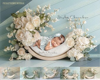 5 different Digital backgrounds backdrops newborn baby girls bum up Ai generated beds flowers  wreath fabric drapes white green blue